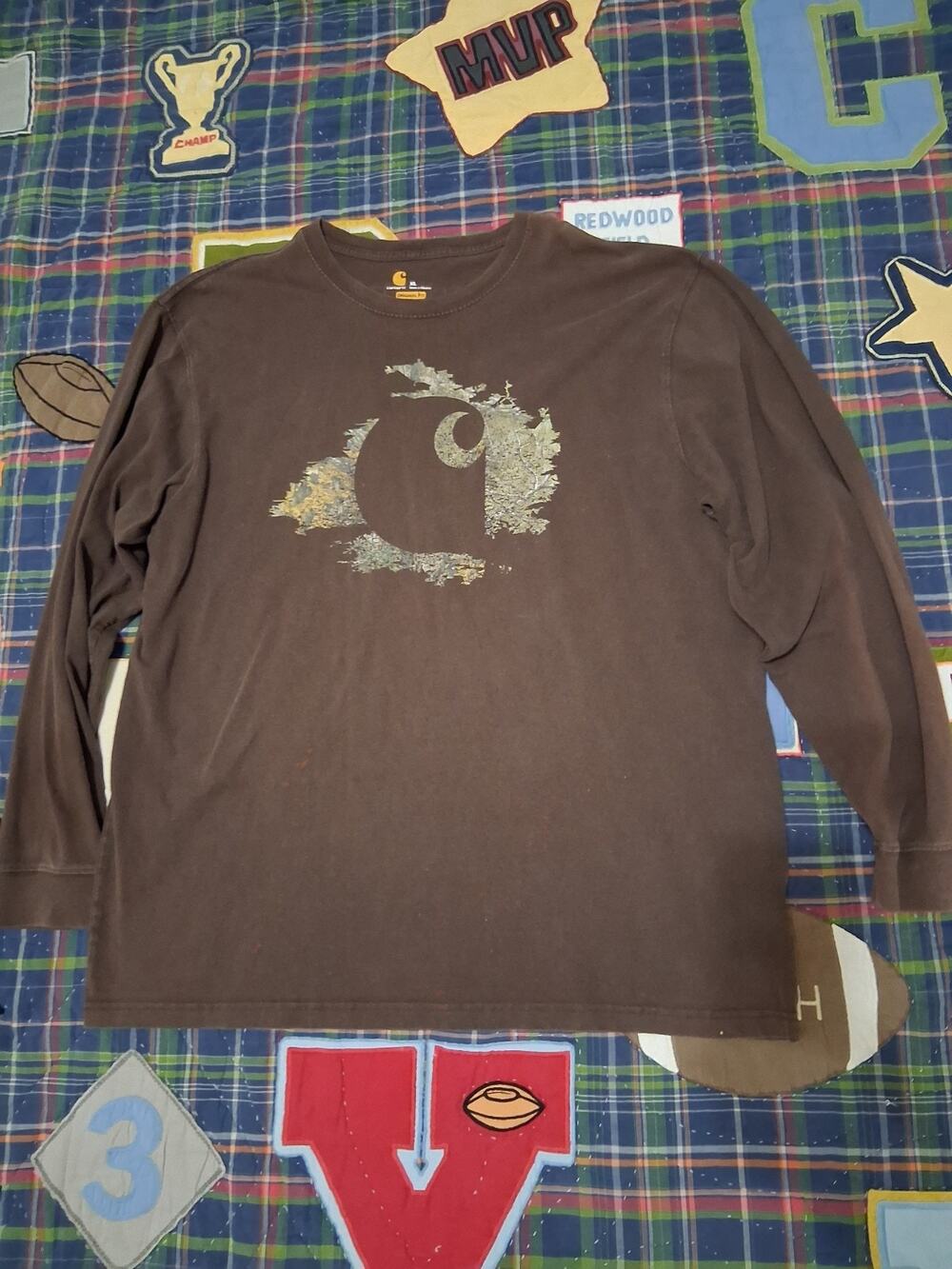 Carhartt Long Sleeve T-Shirt Mens XL Brown Original Fit Camo Logo Bleach Stains